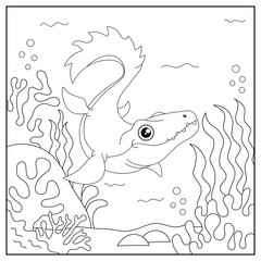 black and white cartoon mosasaurus character (vector illustration), coloring book for children.