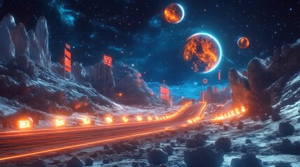 Obraz premium Futuristic road leads through a cosmic landscape filled with glowing planets and asteroids at night