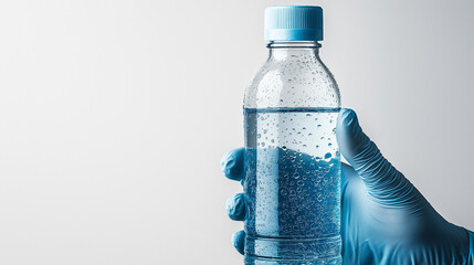 Gloved Hand Holding Sealed Purified Water Bottle with Droplets in Sterile Laboratory Setting
