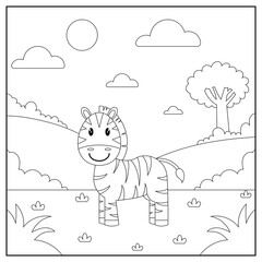 black and white cartoon zebracharacter (vector illustration), coloring book for children.