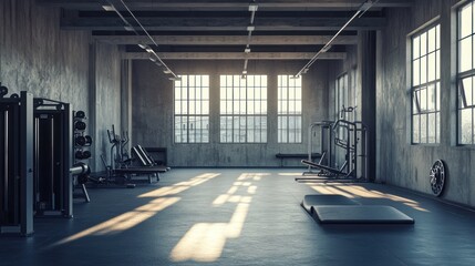 Industrial style gym interior with large windows