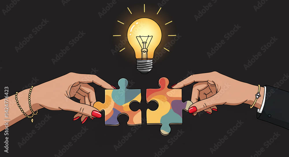 Aufkleber two hands connecting colorful puzzle pieces symbolizing collaboration and innovation illuminated by