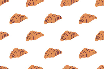 Seamless croissant pattern with golden pastries on white background