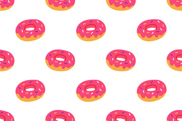 Seamless pattern with pink glazed donuts on white background