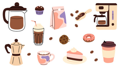Set of coffee makers, cups, beans, donuts, cookies, milk and takeaway coffee on white background