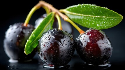 A stunning branch of fresh black olives, adorned with vibrant green leaves, stands out against a dark backdrop.