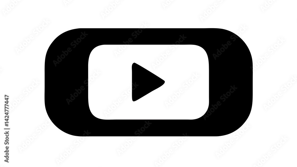 Poster a black and white graphic of a play button inside of a rounded rectangle on a white background