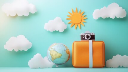 3D illustration of a suitcase next to a globe — vibrant visual representing travel, vacation planning, global tourism, and adventure around the world