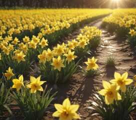Fototapeta premium Glistening daffodil petals in a sun-drenched field Thousands bloom , light, macro, bloom