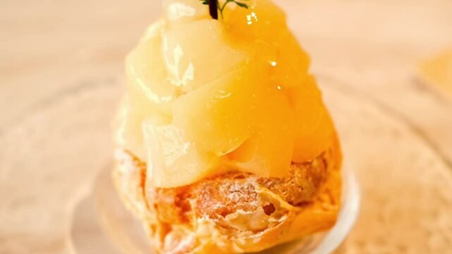 Pineapple choux cake, Puff cake filled with custard cream and pineapple in syrup on top