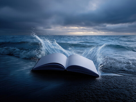 Open book resting on the shore as waves gently splash against the pages at dusk