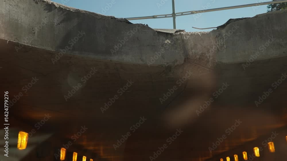 Poster exploring the unique architecture and vibrant scenery of madrid from a pedestrian tunnel perspective
