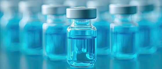 vaccine antibody  trial concept. Clear glass vials with blue liquid, surrounded by similar bottles in a soft-focus background.