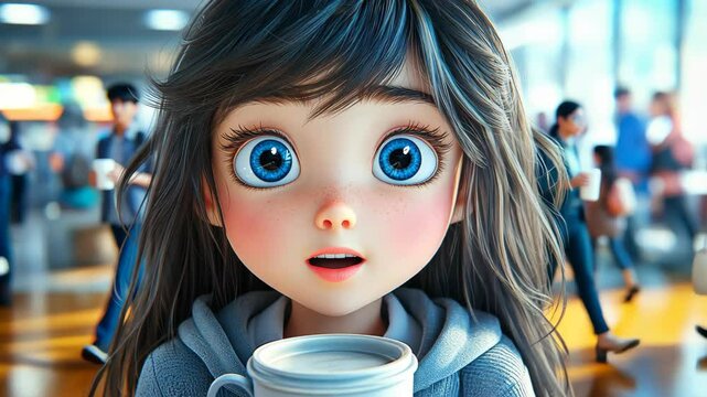 A cute little girl with vibrant cyan eyes and warm ochre skin. A charming 3D style that shines with global illumination.