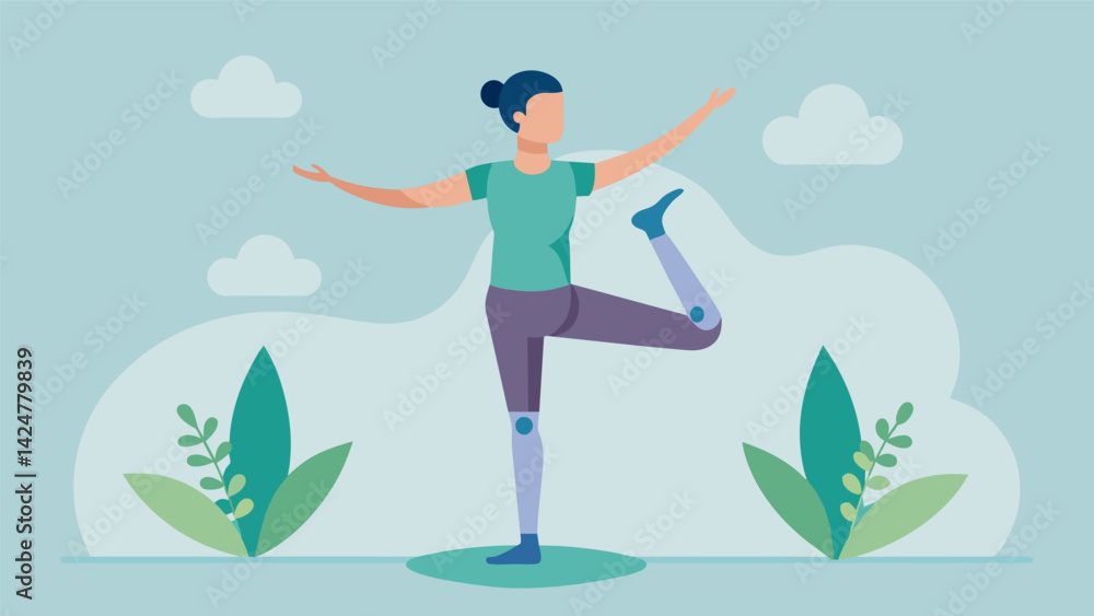 Poster a person with a prosthetic leg confidently balancing in a tree pose in an adaptive yoga class.. vect