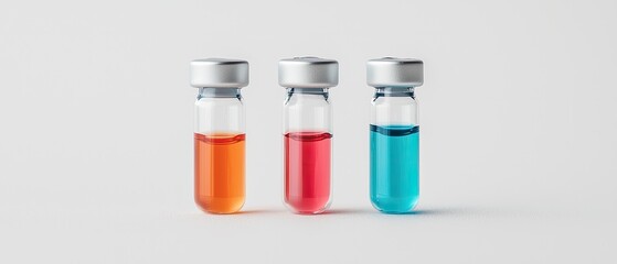 vaccine antibody  trial concept. Three glass vials containing colored liquids: orange, red, and blue.