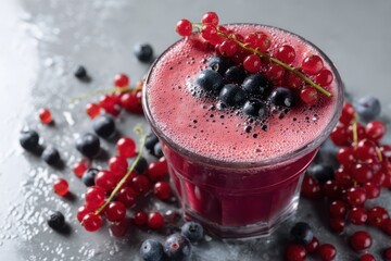 Close-up photo of a glass with a red currant and blueberry smoothie, fresh berries on top