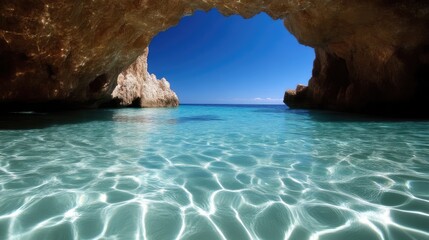 Crystal-clear cave beach. Sunlight filters through a cave opening to a tranquil turquoise sea