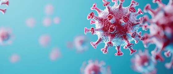 vaccine antibody  trial concept. Microscopic view of a virus with intricate details on a soft blue background.