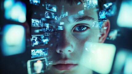 Teenage Boy Futuristic Digital Interface Screen Technology Data Network Modern Young Person Blue Light Cyberpunk Style Innovative Digital World Abstract Background High Tech Future Vision Artificial  