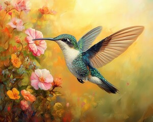 Naklejka premium A closeup of a hummingbird in flight, Birds, Quick and delicate