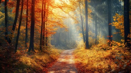 Fototapeta premium Sunlit Path Through Autumnal Forest with Fog