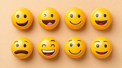 Fototapeta premium Assorted Yellow Emoticons Displaying Various Facial Expressions on Beige Surface