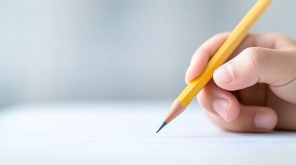 Close-up of a child's hand holding a yellow pencil over blank paper
