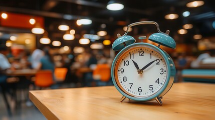 Teal alarm clock on wood table, blurred cafe background