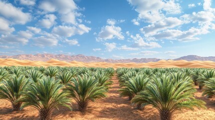 Lush date palm grove in a desert landscape.  Sunlight illuminates a vibrant oasis