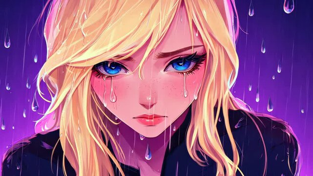A striking digital art piece featuring a rainsoaked blonde femme fatale in D style, capturing her allure and mystery.