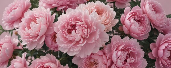 Dense cluster of pink peonies, soft blush backdrop, full, pastel, fresh