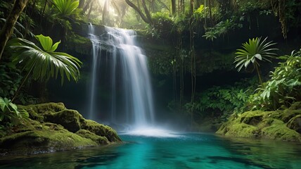 Fototapeta premium Serene Waterfall in Lush Tropical Rainforest