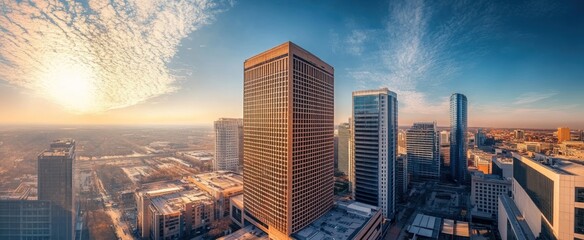 Fototapeta premium Aerial View of Skyscrapers at Sunset with Cirrus Clouds