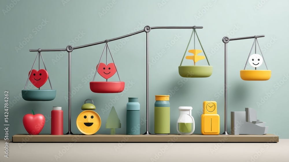 Poster Balancing Joy and Vitality With Health Scale and Positive Icons in a Modern Setting