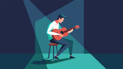 A lone musician sat on a stool in the corner strumming his guitar and singing his heart out. The audience was captivated by his soulful performance. Vector illustration