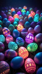 Obraz premium Vibrant Illuminated Easter Eggs in a Dark Setting