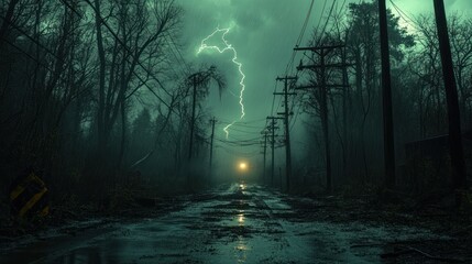 Stormy, abandoned road through a dark forest