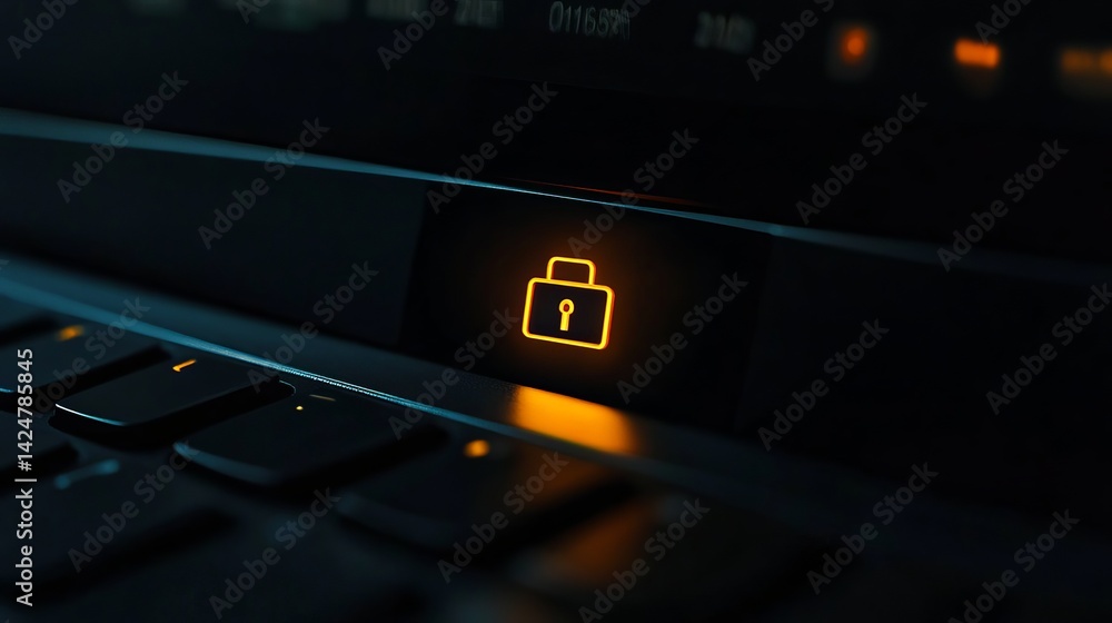 Aufkleber illuminated security lock icon on modern laptop keyboard dark technology background digital security