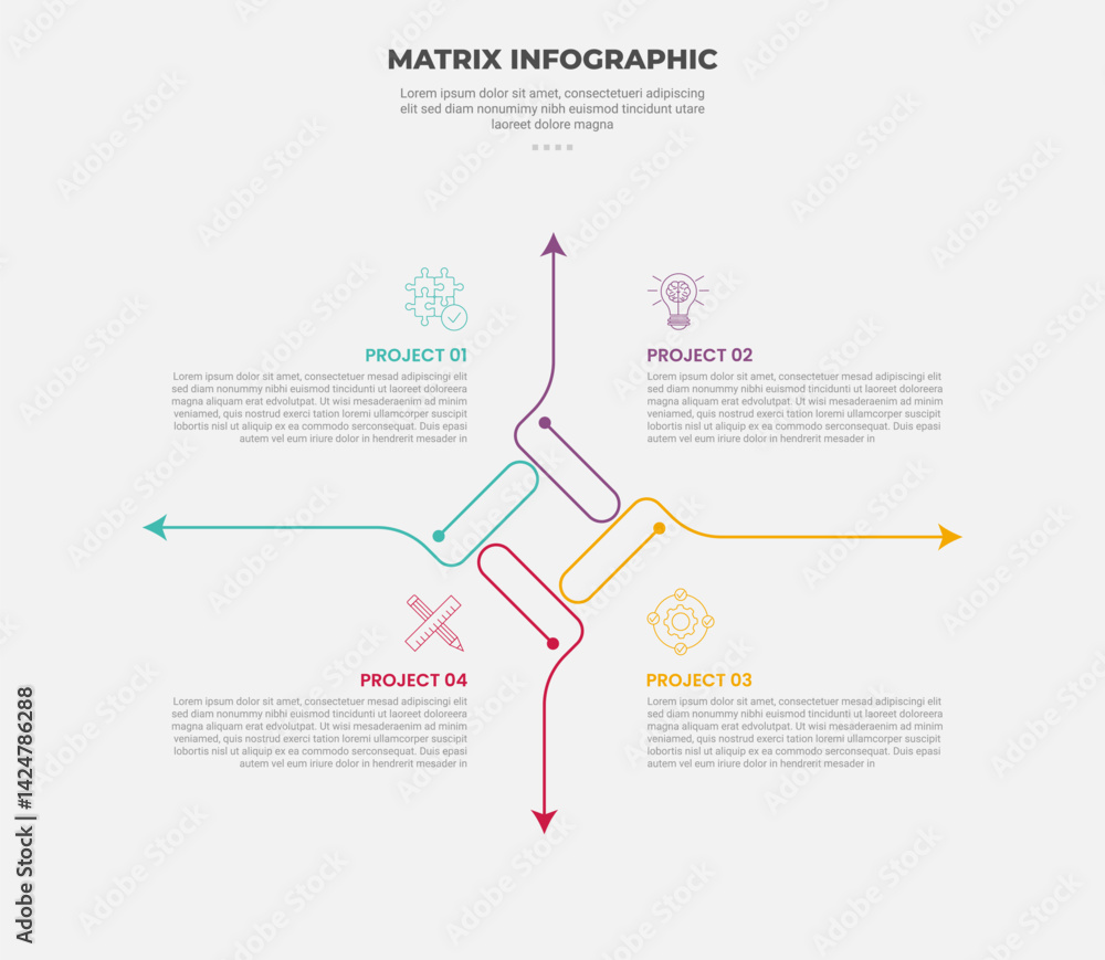 Aufkleber matrix grid structure infographic outline style with 4 point template with long arrow spreading all 