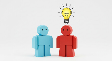 Two figures one with a bright idea teamwork collaboration creative solution problem solving minimal