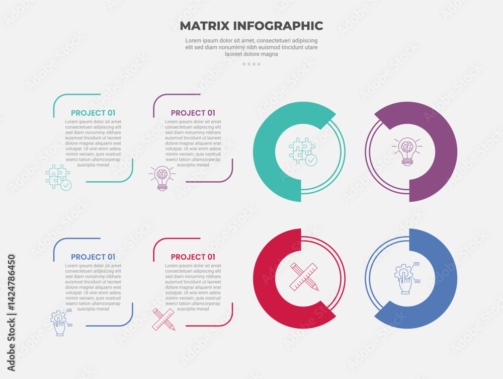 Aufkleber matrix grid structure infographic outline style with 4 point template with big circle piechart and o