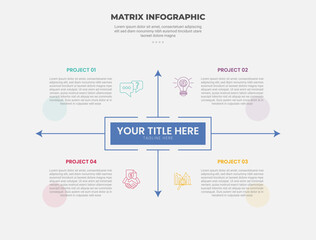 matrix grid structure infographic outline style with 4 point template with sharp rectangle container box with arrow spreading direction for slide presentation