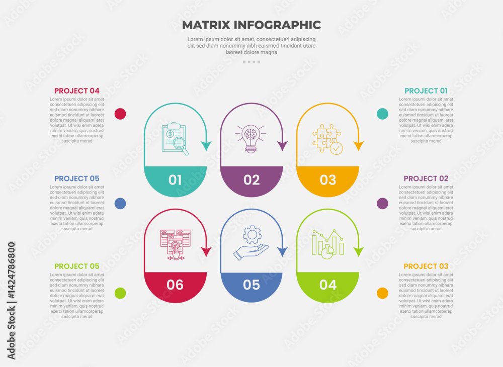 Aufkleber matrix grid structure infographic outline style with 6 point template with big vertical round shape 