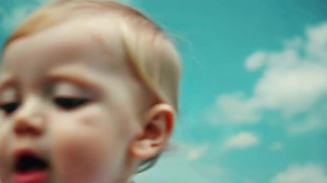 Joyful toddler reaches for sky under bright blue clouds