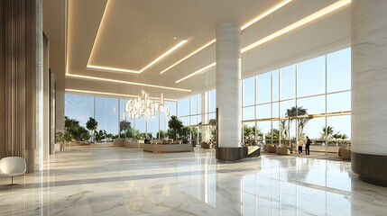 Obraz premium Ultra modern luxury hotel lobby with high ceilings, marble flooring,