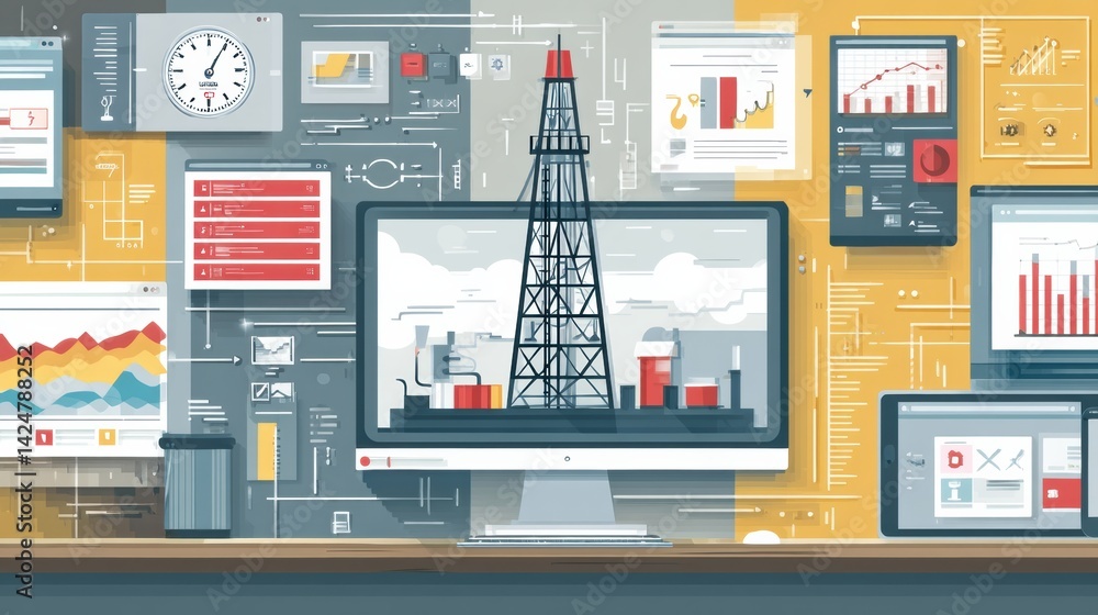 Poster flat design of an oil rig surrounded by digital interface elements in a modern workspace setting