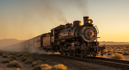Naklejka premium Vintage Steam Train in the Desert