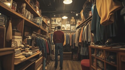 Naklejka premium A man stands inside a vintage clothing store looking at choices