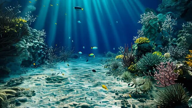 Underwater ocean landscape with clay coral reefs, creating a mesmerizing 3D background design. Ai Generated
